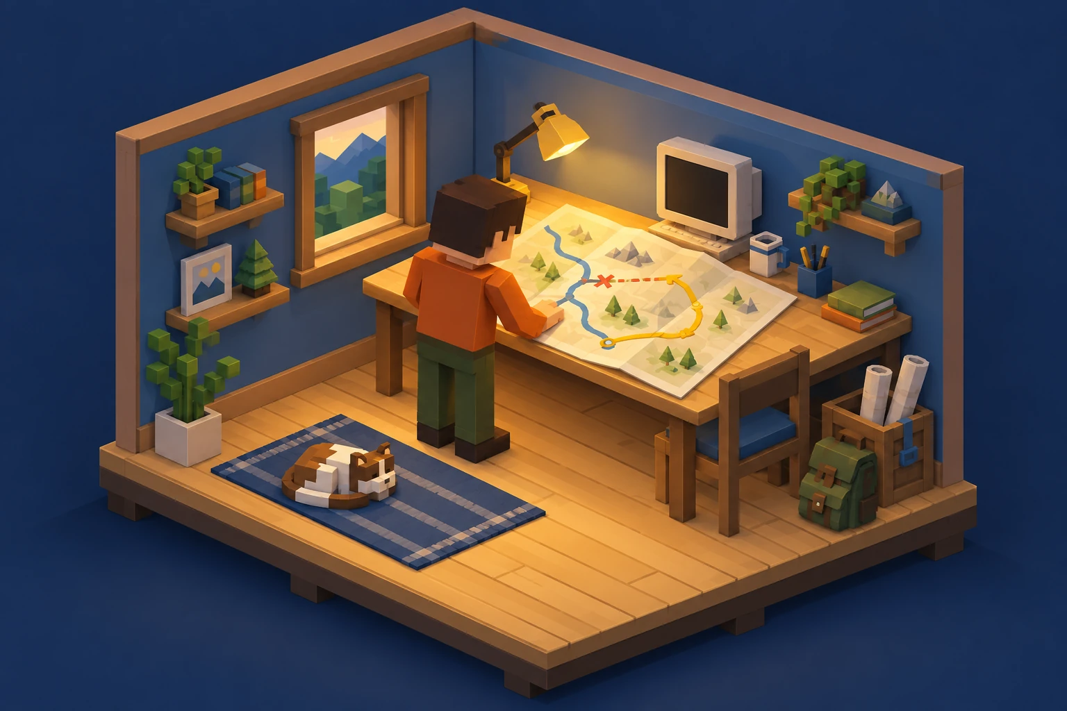 A person in an orange shirt studies a paper map at a warmly lit workshop desk beside an idle computer.