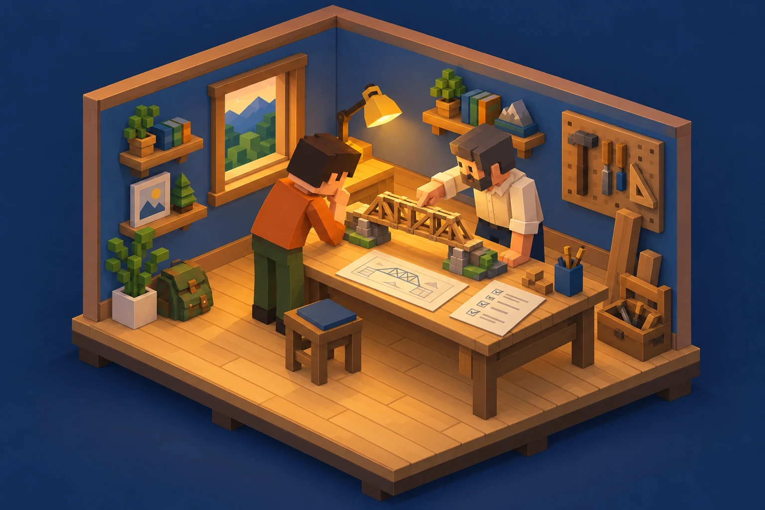 Two blocky workshop characters examine a model bridge and its plans together before putting it to use.