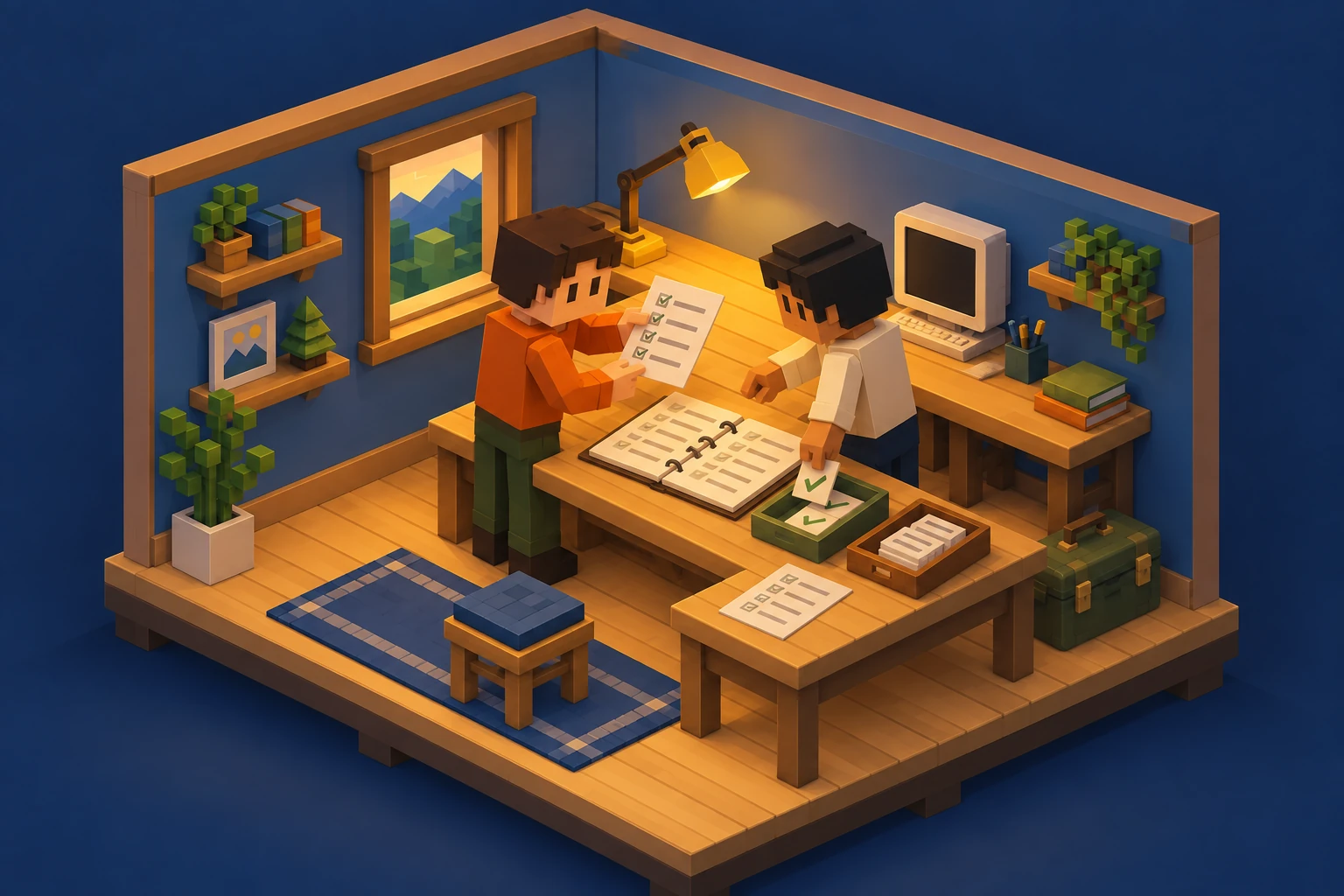 Two people in a warm workshop practise a handover using a shared paper checklist and practical tools.