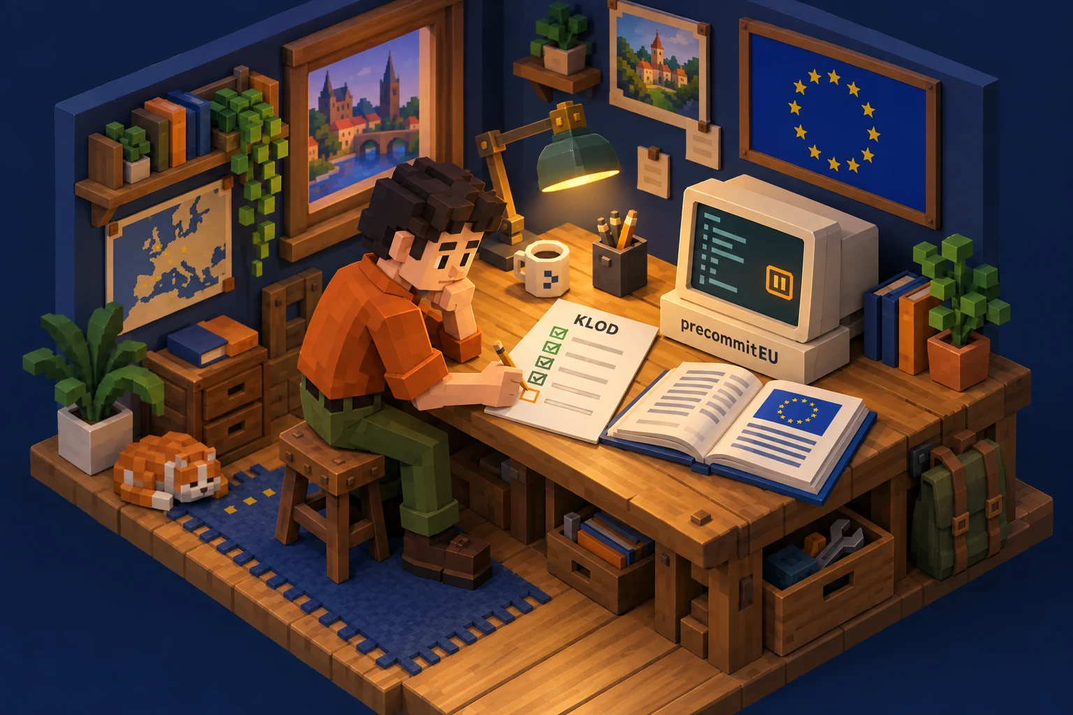A developer in an orange shirt reviews a KLOD checklist with four ticked boxes and one unfinished item beside a precommitEU terminal and an open regulation handbook in a warmly lit workshop with an EU flag.